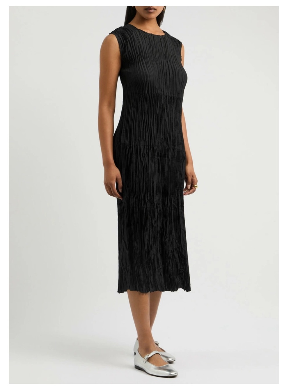 Eileen Fisher Jewel Plisse Silk Midi Dress in Black, Size 2X - Picture 4 of 13